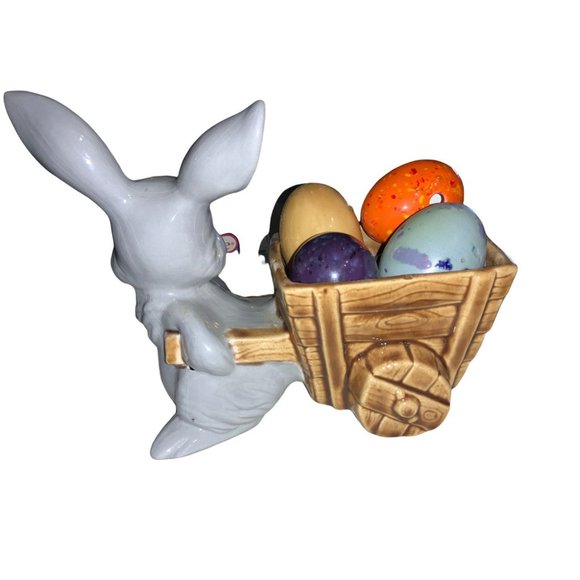 Vintage Ceramic Easter Bunny Pulling Cart  of Eggs - Picture 5 of 12